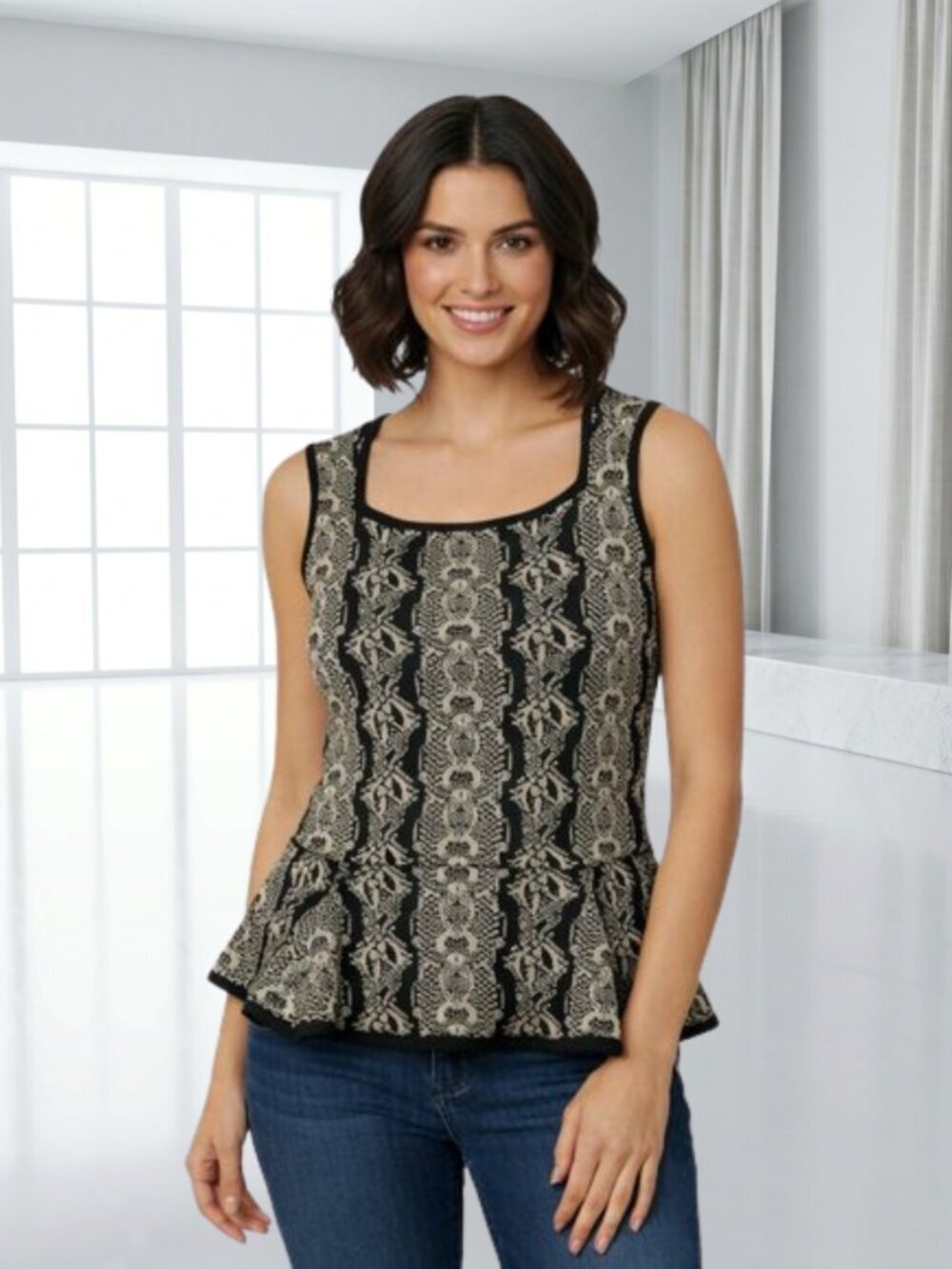 Cabi Black Cream Geometric Knit Peplum Sleeveless Sweater Tank Top Medium